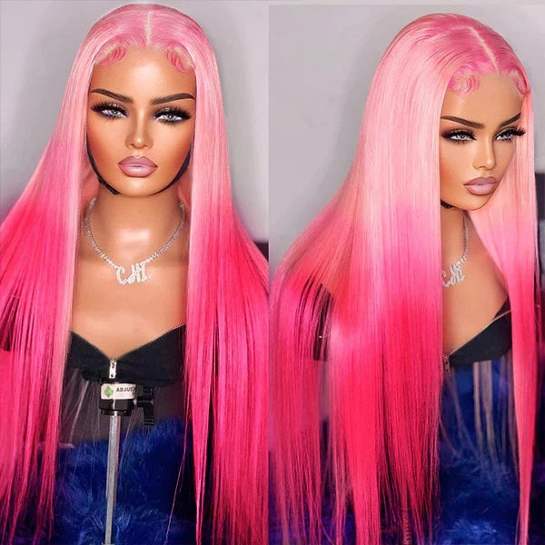OneMore 200% Density Ombre Barbie Rose Pink Wig Real Straight Human Hair Wig Lace Front Wigs Pre-Plucked