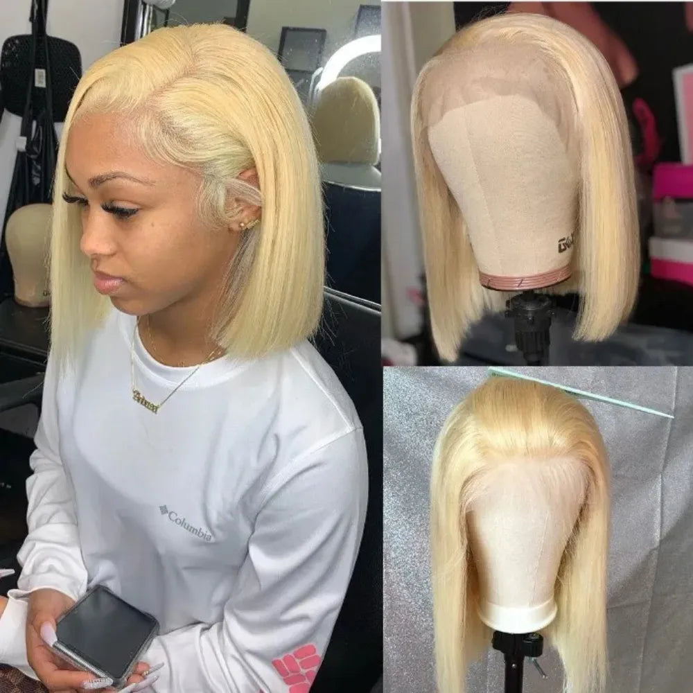 613 Hair Color Short Bob Wig Straight Hair Blonde Lace Front Wig Glueless Human Hair Wigs