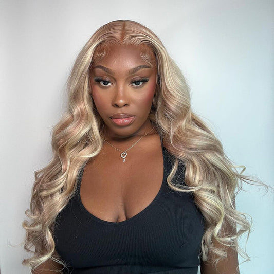 Ash Blonde Highlights Body Wave Lace Front Wig Transparent Lace Blonde Hair P10/613 Color