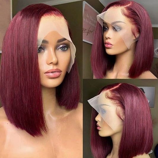 Burgundy Hair Color Straight Bob Wig Transparent Short Lace Front Wigs 99J Hair Color