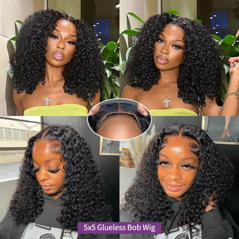 OneMore Kinky Curly 5x5 Pre Bleached Tiny Knots Pre-Cut Lace Glueless Bob Wig