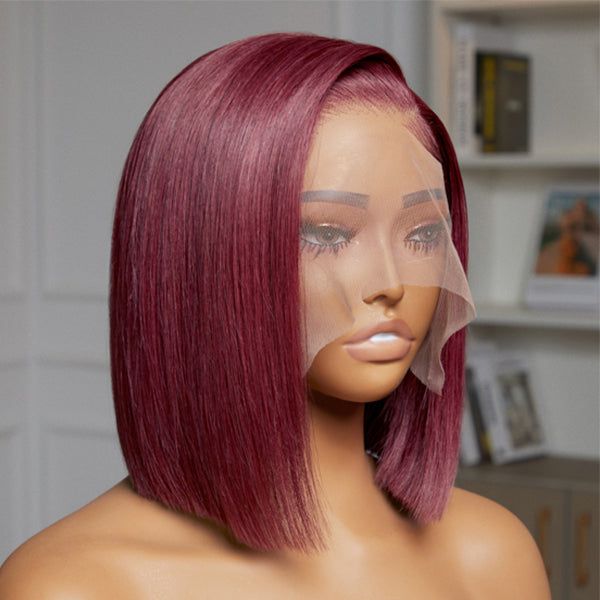 Burgundy Hair Color Straight Bob Wig Transparent Short Lace Front Wigs 99J Hair Color