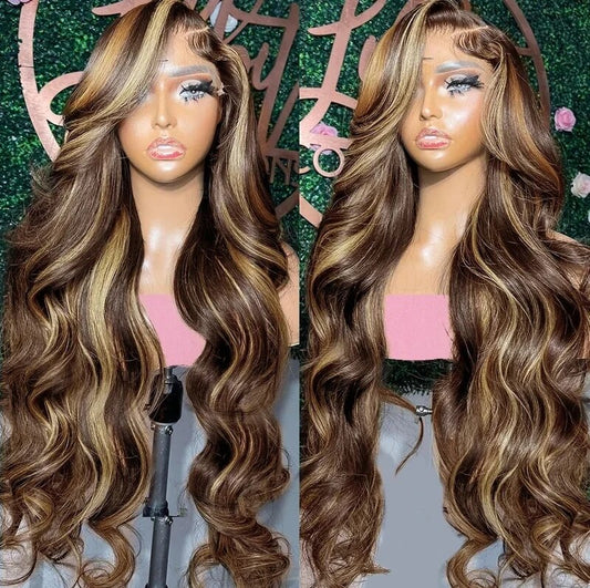 Honey Blonde Highlight Wig Glueless Body Wave Human Hair Wig Bleached Knots 13x4 HD Lace Front Wigs