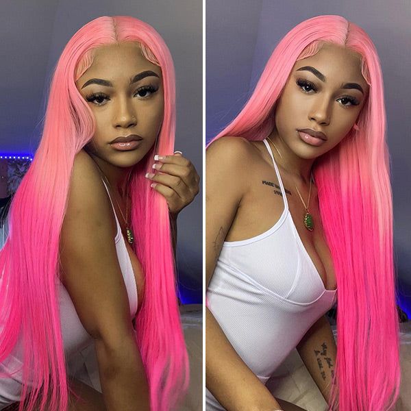 OneMore 200% Density Ombre Barbie Rose Pink Wig Real Straight Human Hair Wig Lace Front Wigs Pre-Plucked
