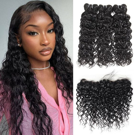 Brazilian Water Wave 3 Bundles with 13x4 Lace Frontal HD Lace Hair Human Hair Bundles