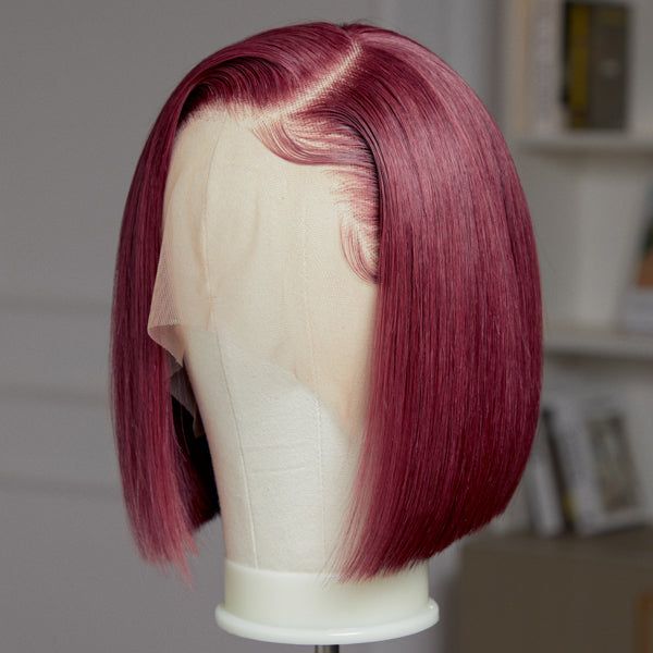 Burgundy Hair Color Straight Bob Wig Transparent Short Lace Front Wigs 99J Hair Color