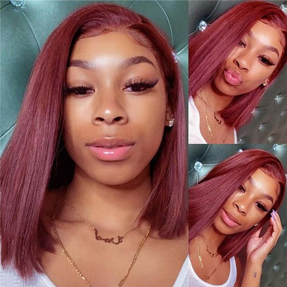 Burgundy Hair Color Straight Bob Wig Transparent Short Lace Front Wigs 99J Hair Color
