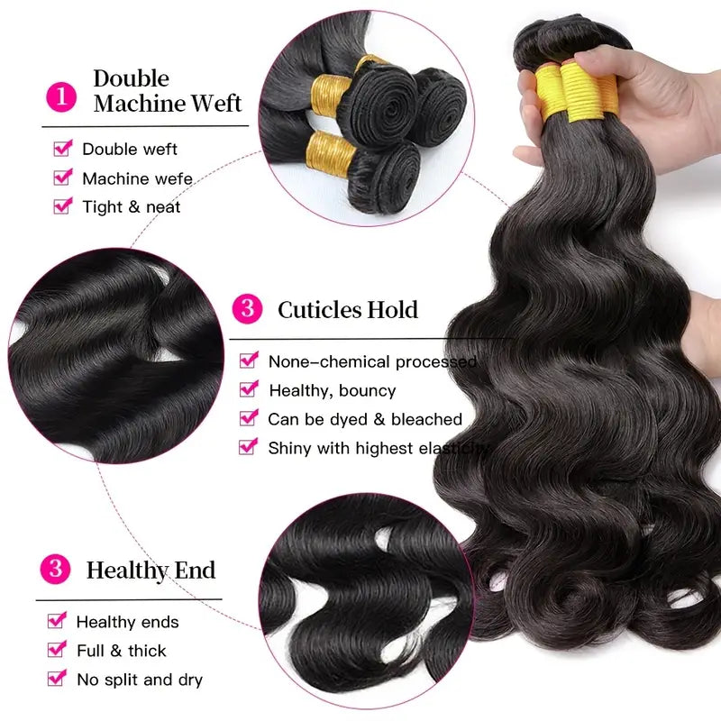 Body Wave Hair 3 Bundles With Closure 100% Virgin Human Hair Extensions With 4x4 Lace Closure
