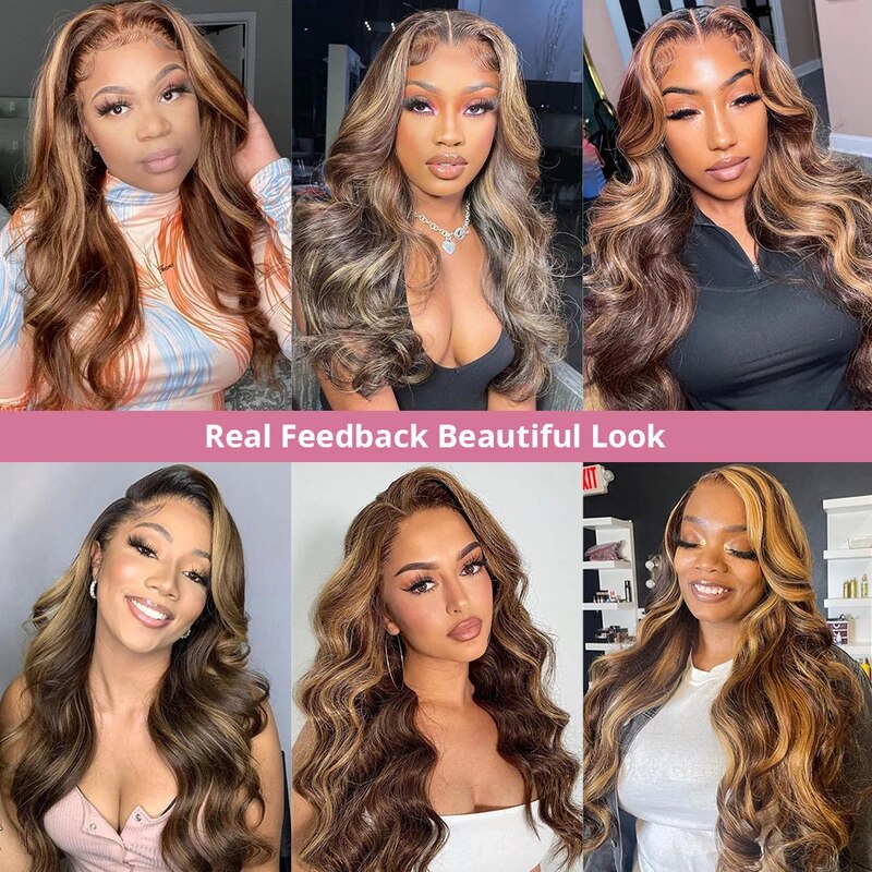 Honey Blonde Highlight Wig Glueless Body Wave Human Hair Wig Bleached Knots 13x4 HD Lace Front Wigs