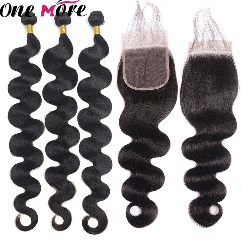 Body Wave Hair 3 Bundles With Closure 100% Virgin Human Hair Extensions With 4x4 Lace Closure