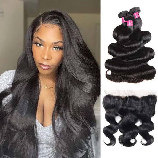 Human Hair Bundles with Frontal Body Wave Bundles with Frontal Brazilian Hair 3 Bundles with 13x4 Transparent Lace Frontal Closure
