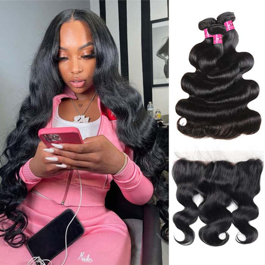Body Wave Hair 3 Bundles with 13x4 Lace Frontal Indian Hair Bundles with Closure