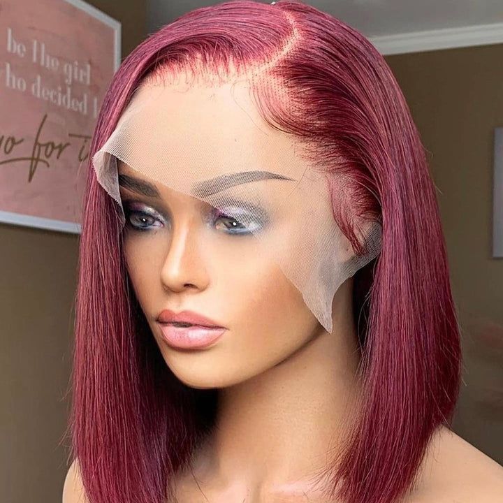 Burgundy Hair Color Straight Bob Wig Transparent Short Lace Front Wigs 99J Hair Color