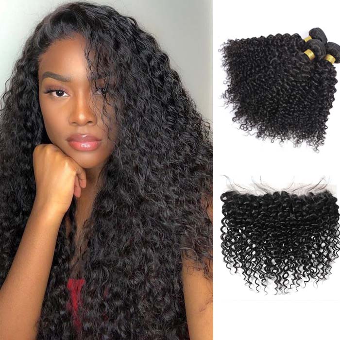 Jerry Curly Hair 3 Bundles with 13x4 Lace Frontal Malaysian Curly Hair Bundles with Frontal