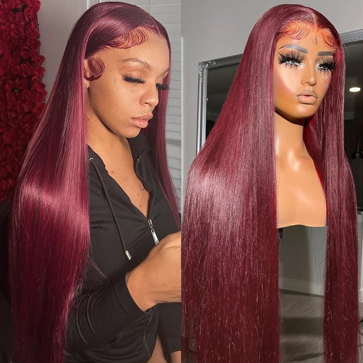 OneMore Burgundy Hair Straight Human Hair Wigs Transparent 13x4 Lace Front Wig Pre Plucked