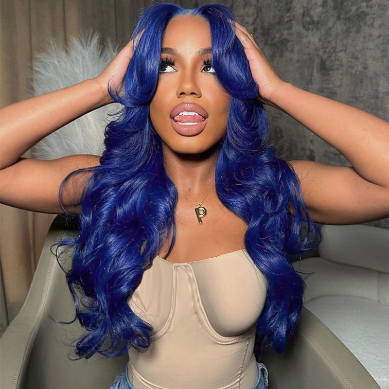 OneMore Dark Blue Human Hair Wig Body Wave HD Transparent Lace 13x4 Lace Front Wigs