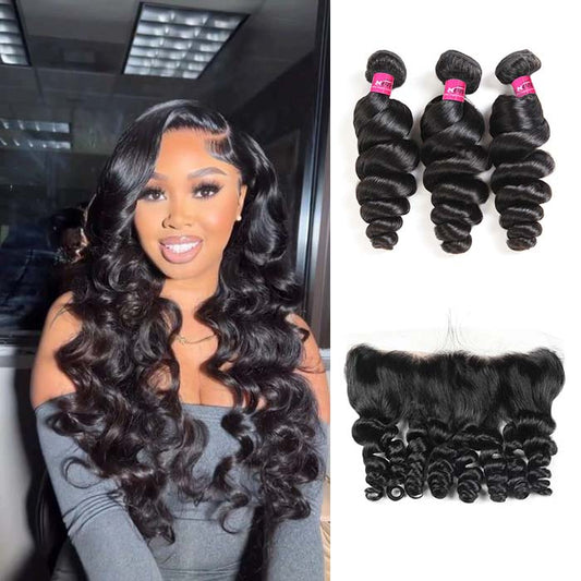 Peruvian Hair Loose Wave 3 Bundles with 13x4 Lace Frontal Closure