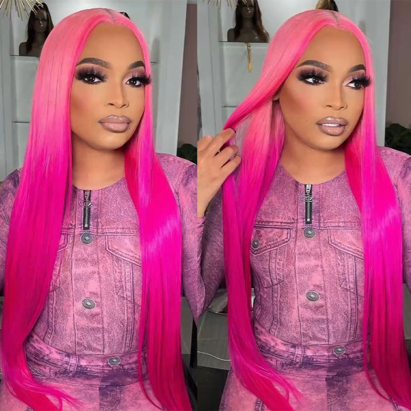 OneMore 200% Density Ombre Barbie Rose Pink Wig Real Straight Human Hair Wig Lace Front Wigs Pre-Plucked