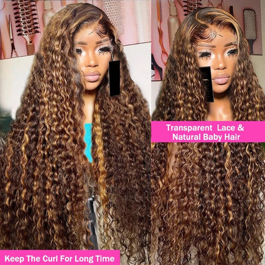 Highlights Hair Deep Wave 13x4 Lace Frontal Wig Brown Hair with Blonde Highlights Glueless Wigs Human Hair