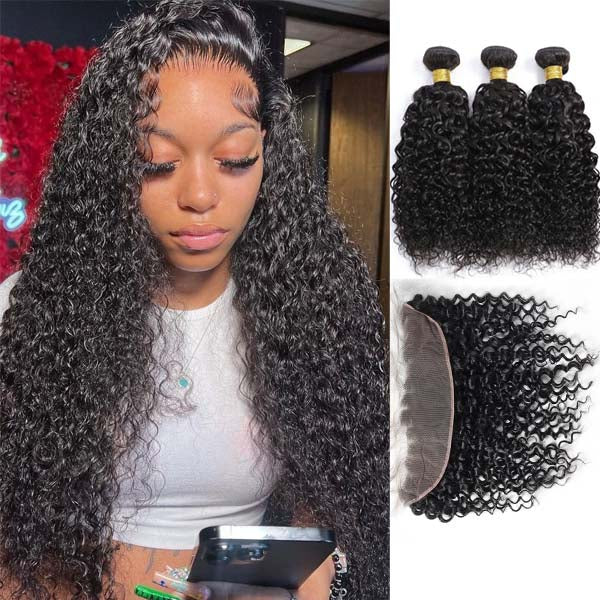 Curly Bundles with Frontal Kinky Curly 3 Bundles with 13x4 Lace Frontal Closure