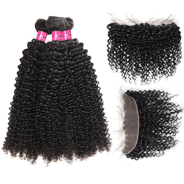 Jerry Curly Hair 3 Bundles with 13x4 Lace Frontal Malaysian Curly Hair Bundles with Frontal
