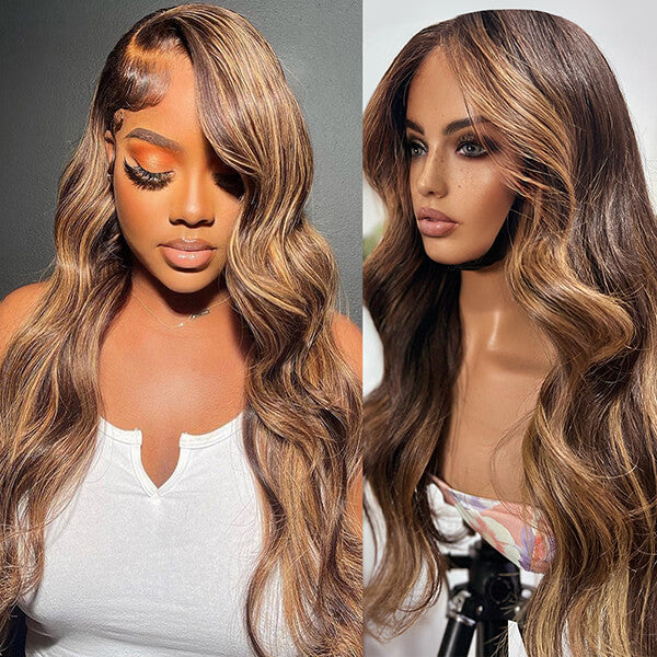 Glueless Ready To Wear Wig Brown Hair with Blonde Highlights Body Wave Lace Front Human Hair Wig