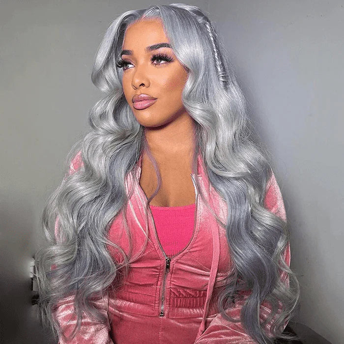 OneMore Silver Grey Body Wave 13x4 HD Lace Front Wig Glueless Colored Human Hair Wigs