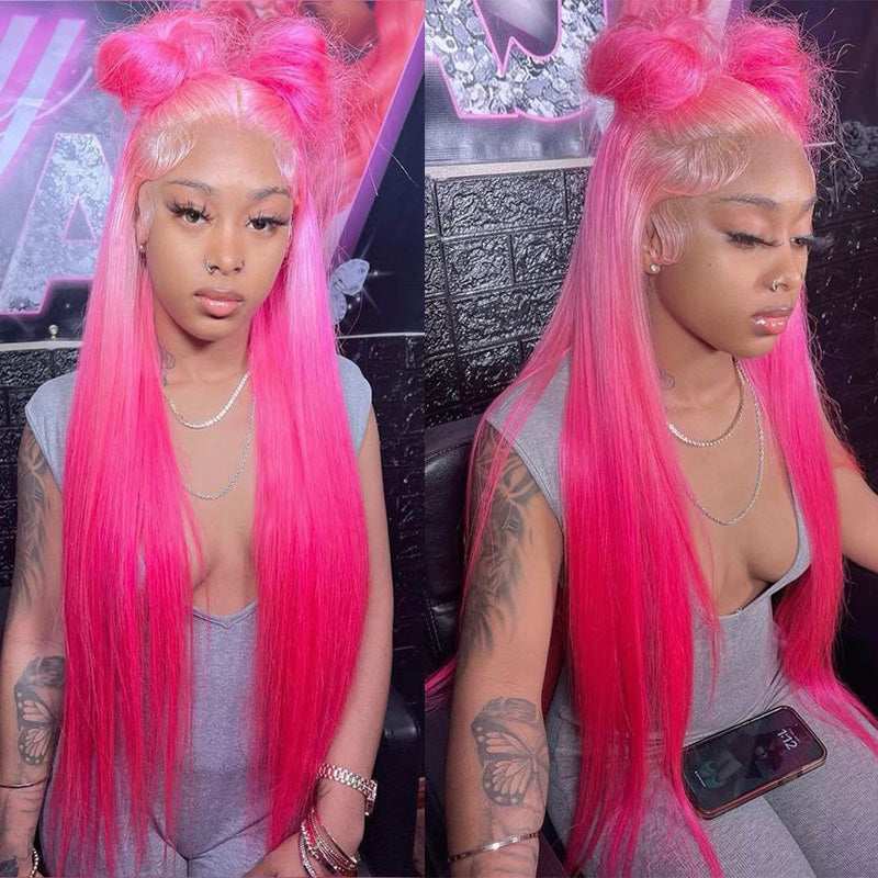 OneMore 200% Density Ombre Barbie Rose Pink Wig Real Straight Human Hair Wig Lace Front Wigs Pre-Plucked