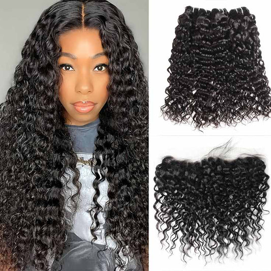 Water Wave Bundles with Lace Frontal Peruvian Hair 3 Bundles with 13x4 Lace Frontal Closure