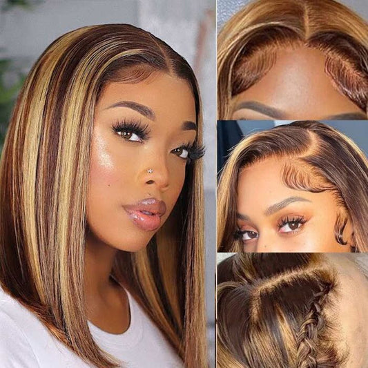 Highlights Bob Wig Straight Hair Pre Cut HD Lace Front Wig Glueless Ready To Wear Wigs