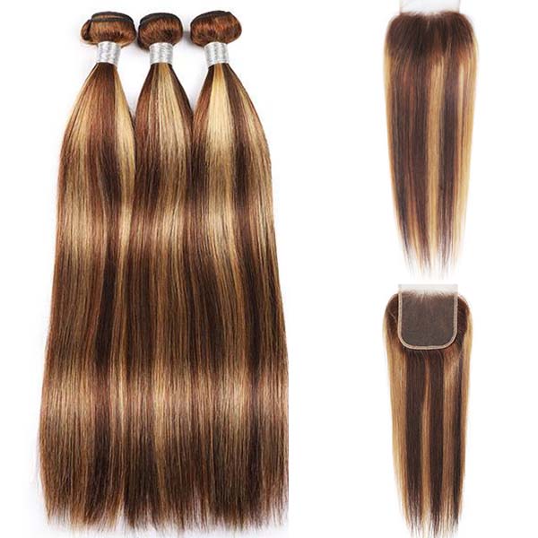 Ombre Color Hightlight Straight Human Hair 3 Bundles with 4x4 Lace Closure