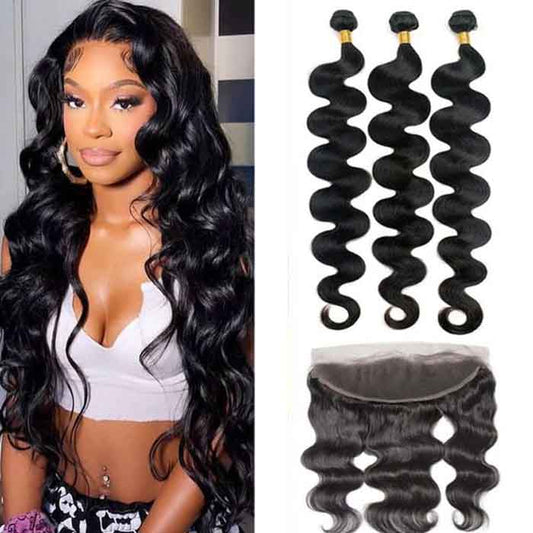 Peruvian Human Hair Bundles with Closure Body Wave 3 Bundles with 13x4 Lace Frontal Closure