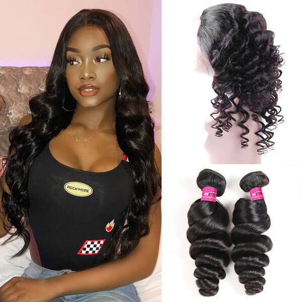 Peruvian Loose Wave Hair 360 Lace Frontal with 2 Bundles Hair Bunldes with Frontal