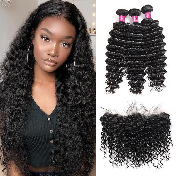 Deep Wave Bundles with Frontal Peruvian Hair 3 Bundles with 13x4 Lace Frontal Closure