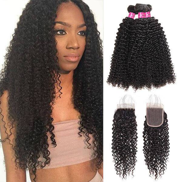 Virgin Peruvian Curly Hair 3 Bundles with 4*4 Lace Closure - OneMoreHair