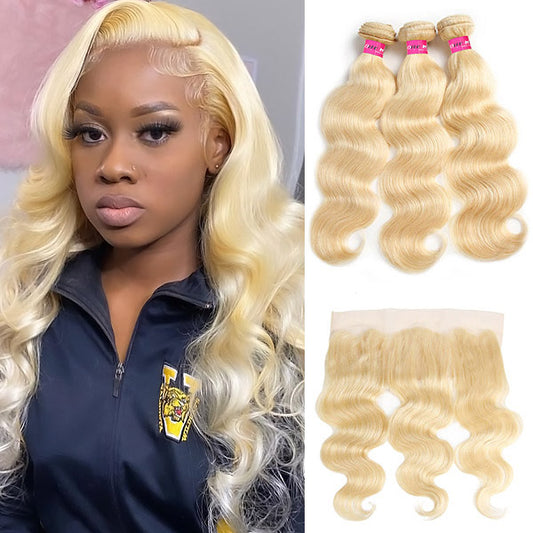 Honey Blonde Body Wave Human Hair Bundles with 13x4 Transparent Lace Frontal Closure