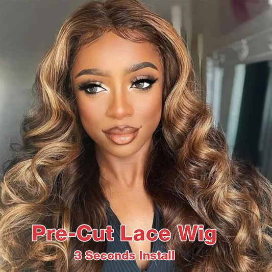 OneMore Highlight Wig Body Wave Pre-Cut Glueless 13x6 Lace Front Wigs Brown Hair with Blonde Highlights