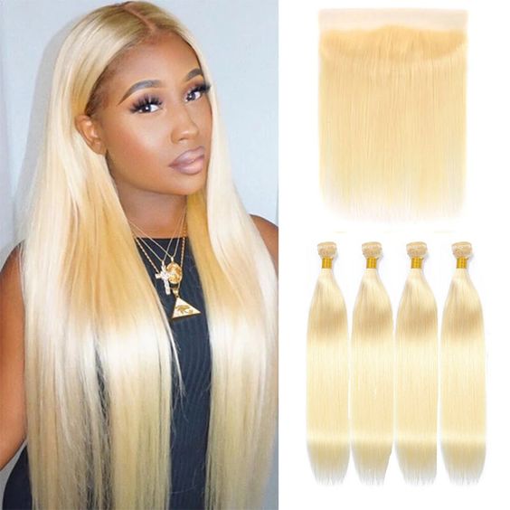 613 Blonde Bundles with Frontal 30 Inch Brazilian Straight Human Hair Bundles with 13x4 Lace Frontal Closure