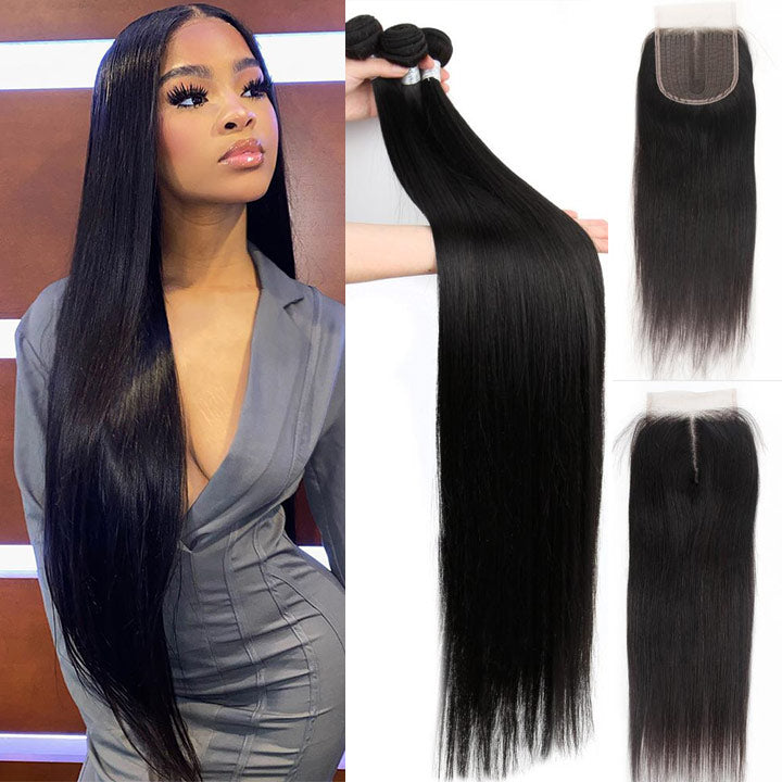 straight hair bundles with lace closure