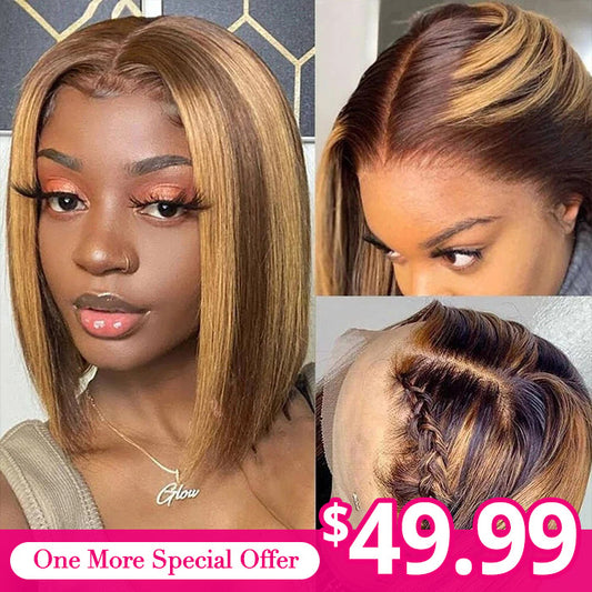 Highlight Straight Hair T Part Lace Front Bob Wig Middle Part  Human Hair Bob Wig