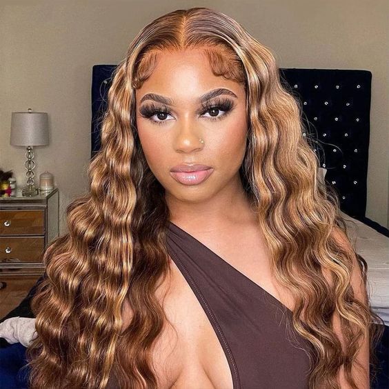 honey blonde highlight loose deep wave wig