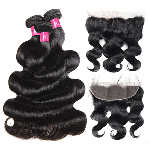 Human Hair Bundles with Frontal Body Wave Bundles with Frontal Brazilian Hair 3 Bundles with 13x4 Transparent Lace Frontal Closure