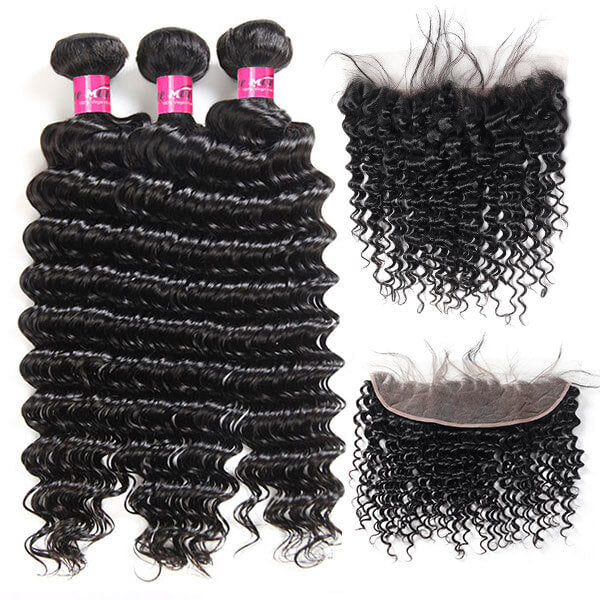 Deep Wave Human Hair 3 Bundles with Closure Transparent 13x4 Lace Frontal Pre Plucked