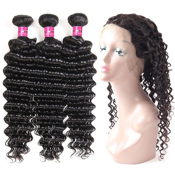 Peruvian Deep Wave Hair 3 Bundles with 360 Lace Frontal