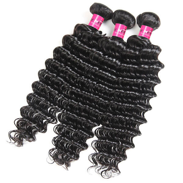Deep Wave Human Hair 3 Bundles with Closure Transparent 13x4 Lace Frontal Pre Plucked