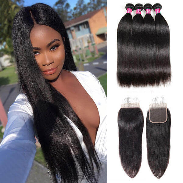 One More Peruvian Straight Hair 4 Bundles with 4*4 Lace Closure