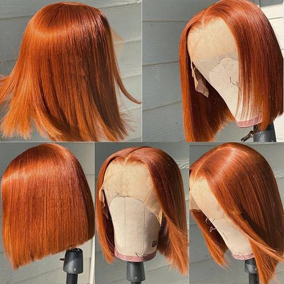 Show customers examples of ginger hair wig products，Here are five ginger hair wig pictures spliced into one picture, which are the front, side and back of the product.
