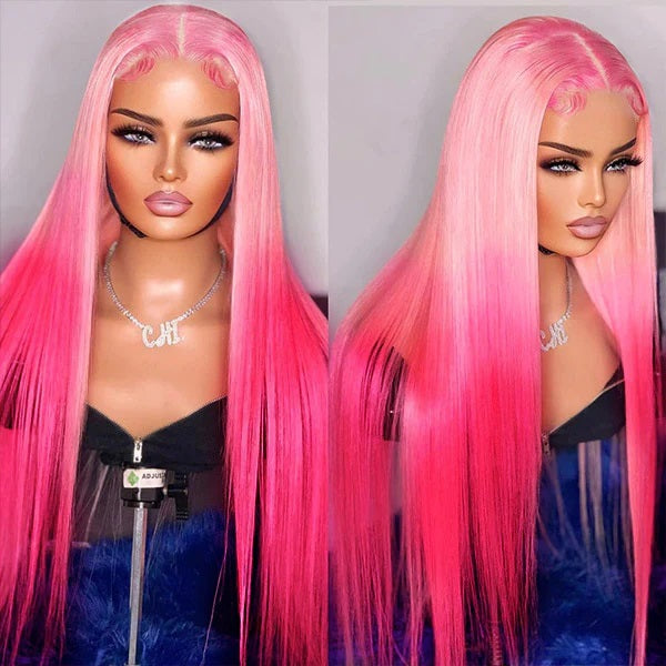 Ombre Barbie Rose Pink Wig Straight Hair Real Human Hair Wig Real Human Hair Lace Front Wigs Pre-Plucked