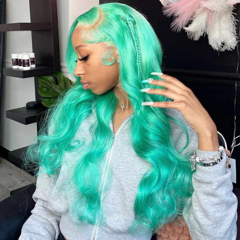 OneMore Mint Green Color Real Human Hair Wig HD Transparent Lace Human Hair Wigs Tiffany Blue Color