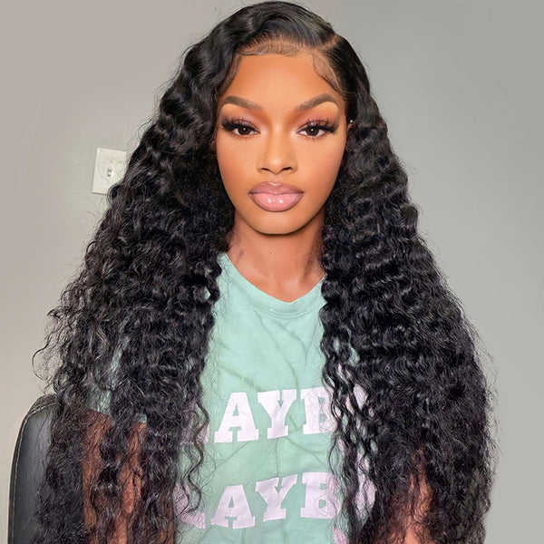 Glueless Wig for Beginners 180% Density Deep Wave 13x4 Lace Front Wig Pre Plucked and Bleached
